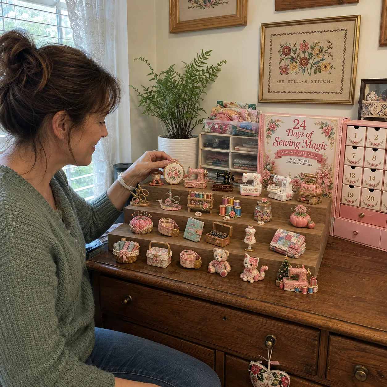 Sewing miniature collection arranged in a craft room
