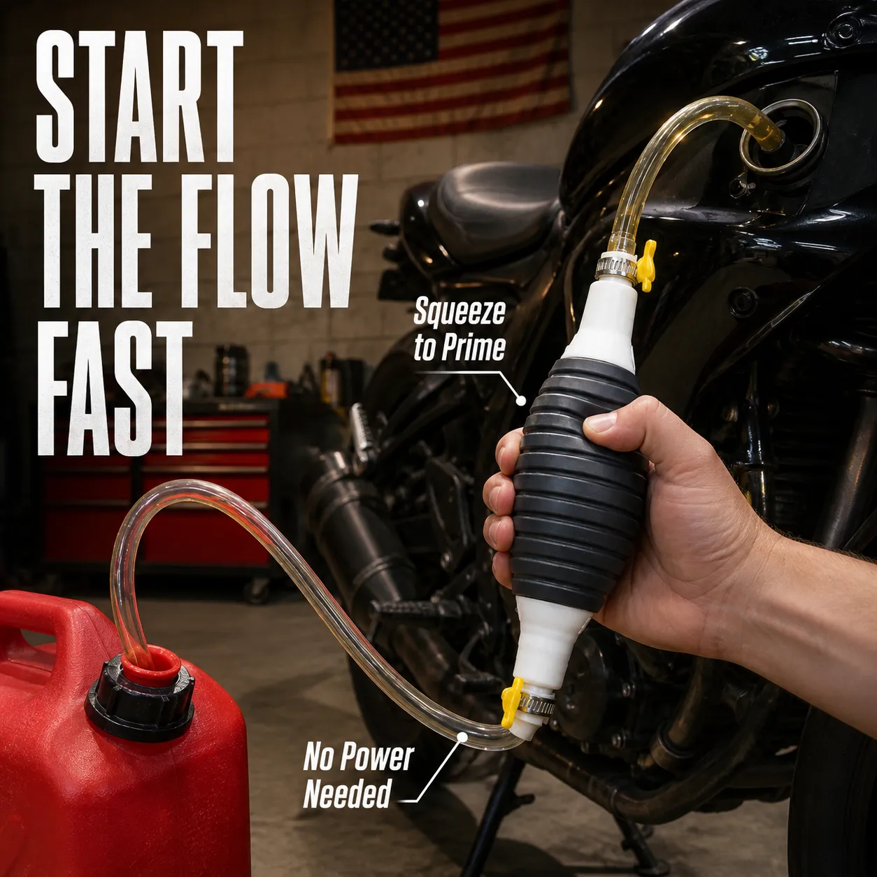 Manual siphon bulb in use between a utility can and motorcycle