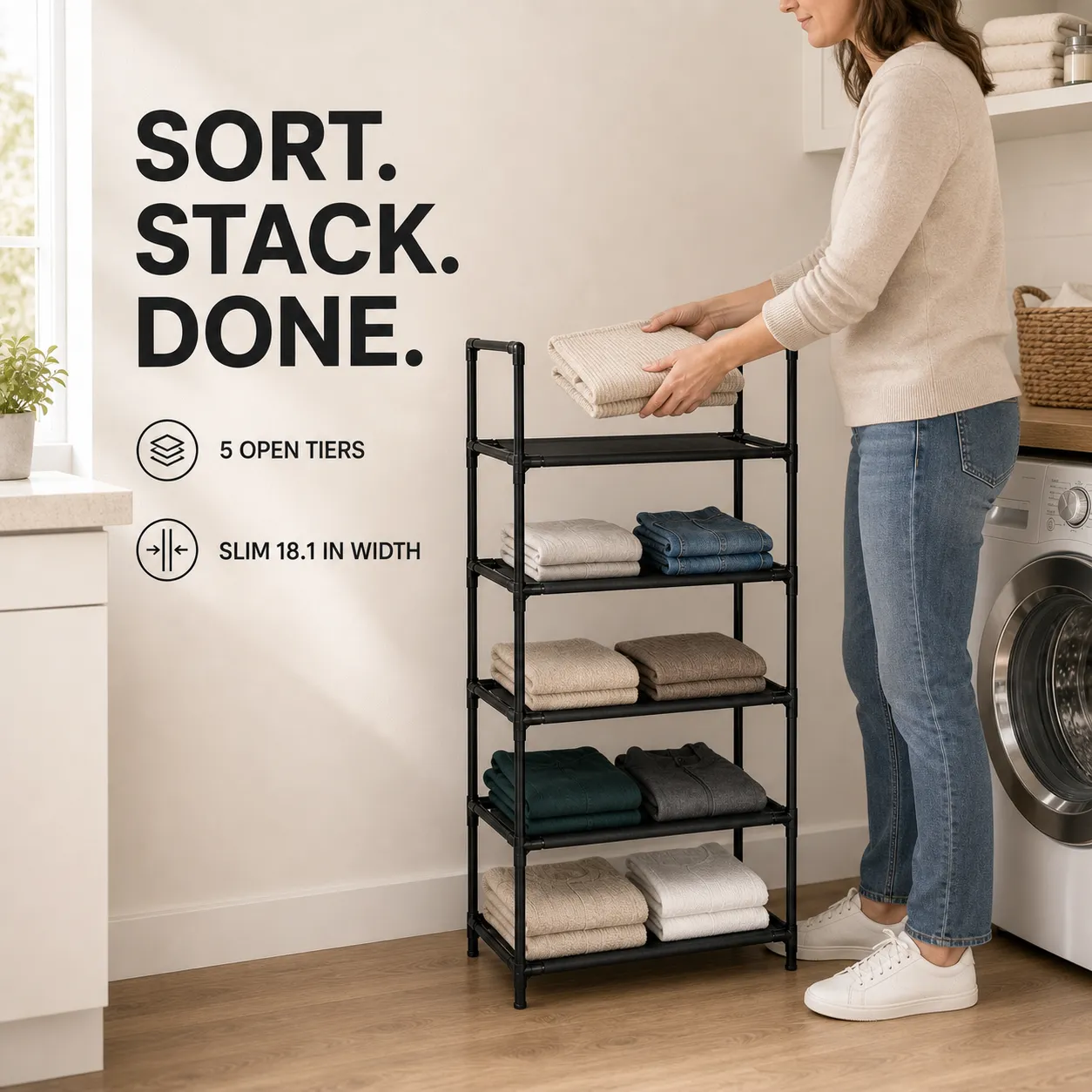Woman placing folded clothes on a slim five-tier storage rack