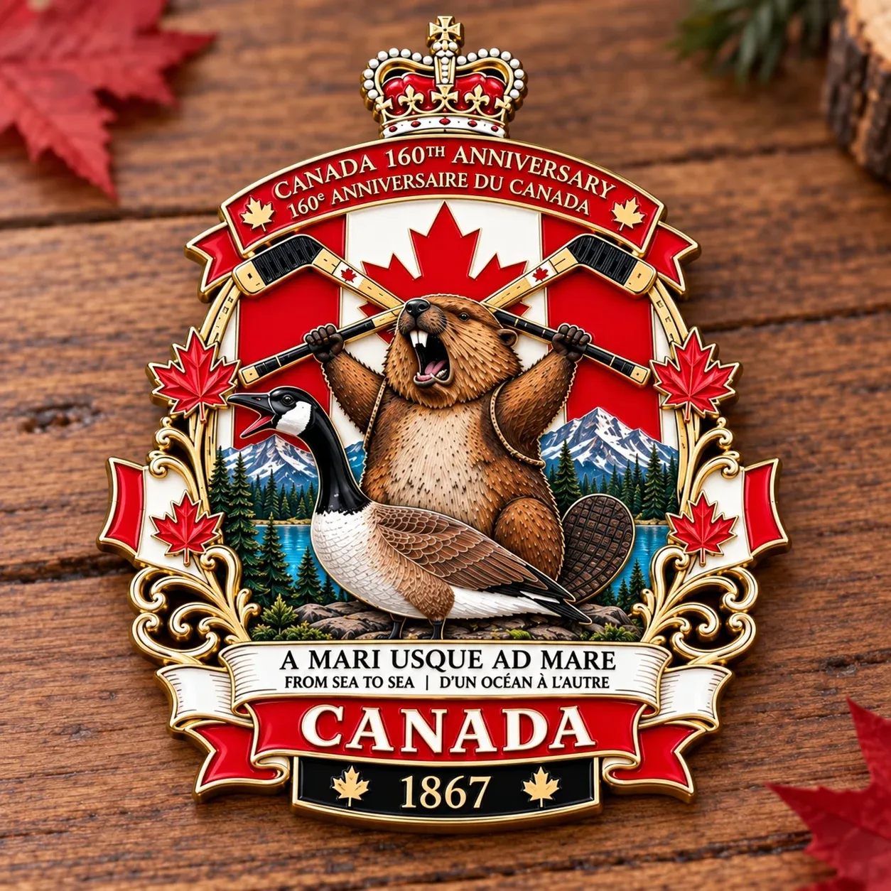 Canada badge showing its motto, wildlife and crossed hockey sticks
