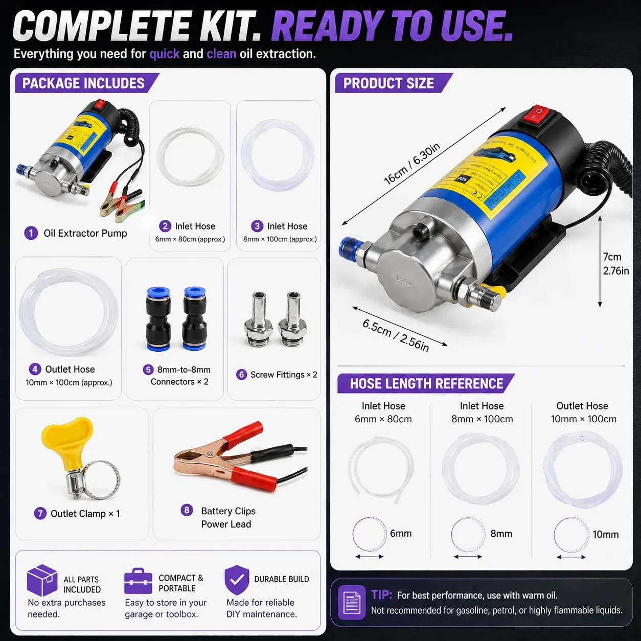 Specifications and included hoses, connectors and clamp for the oil pump
