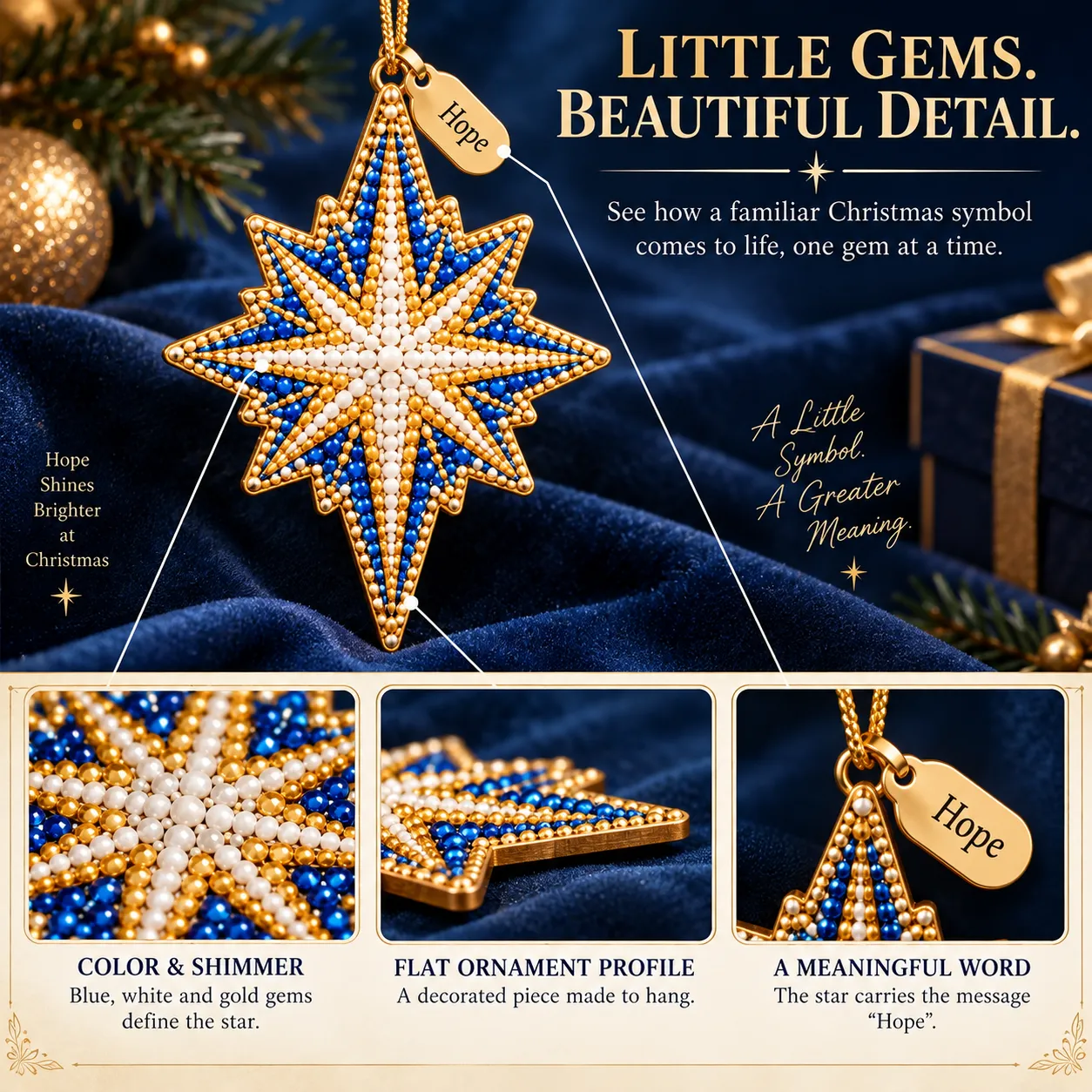 Finished Star example showing blue, white and gold gems, a flat edge and a Hope tag