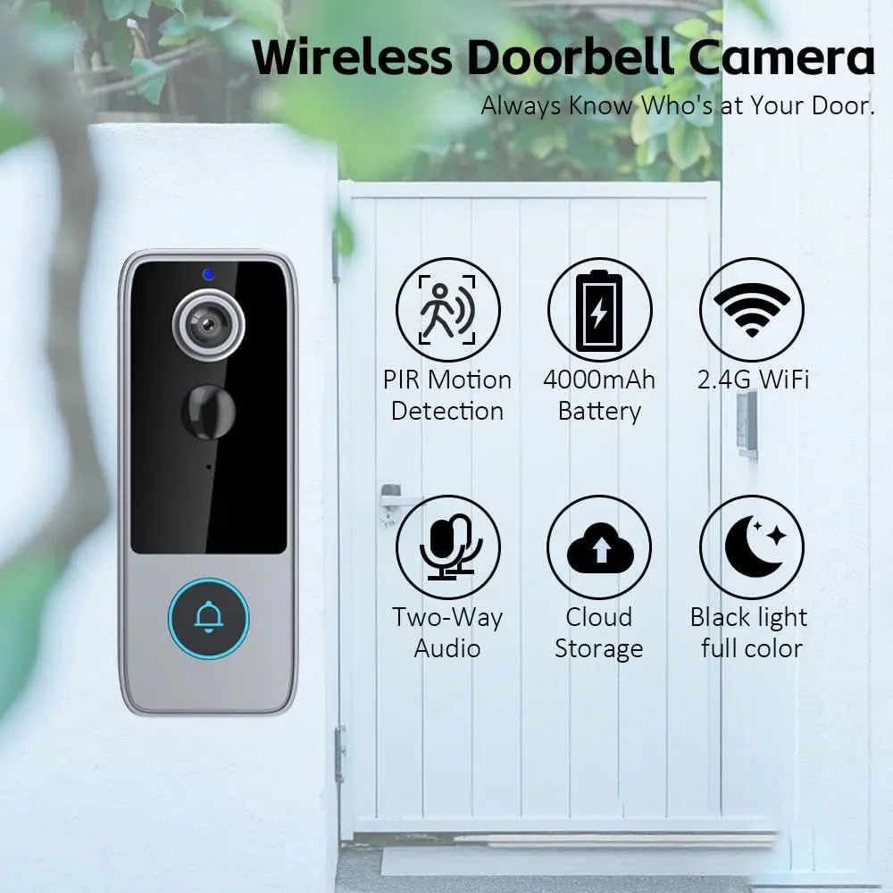 Wireless doorbell camera with motion, battery, Wi-Fi, audio and night-view features