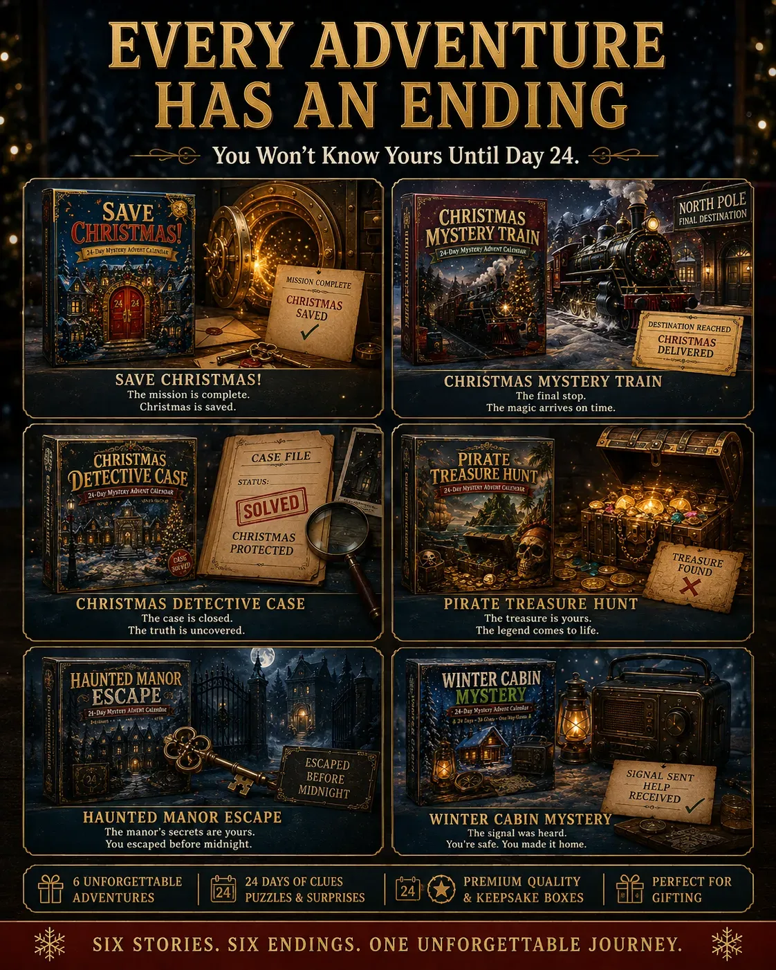 The final reveal for each of the six mystery adventures