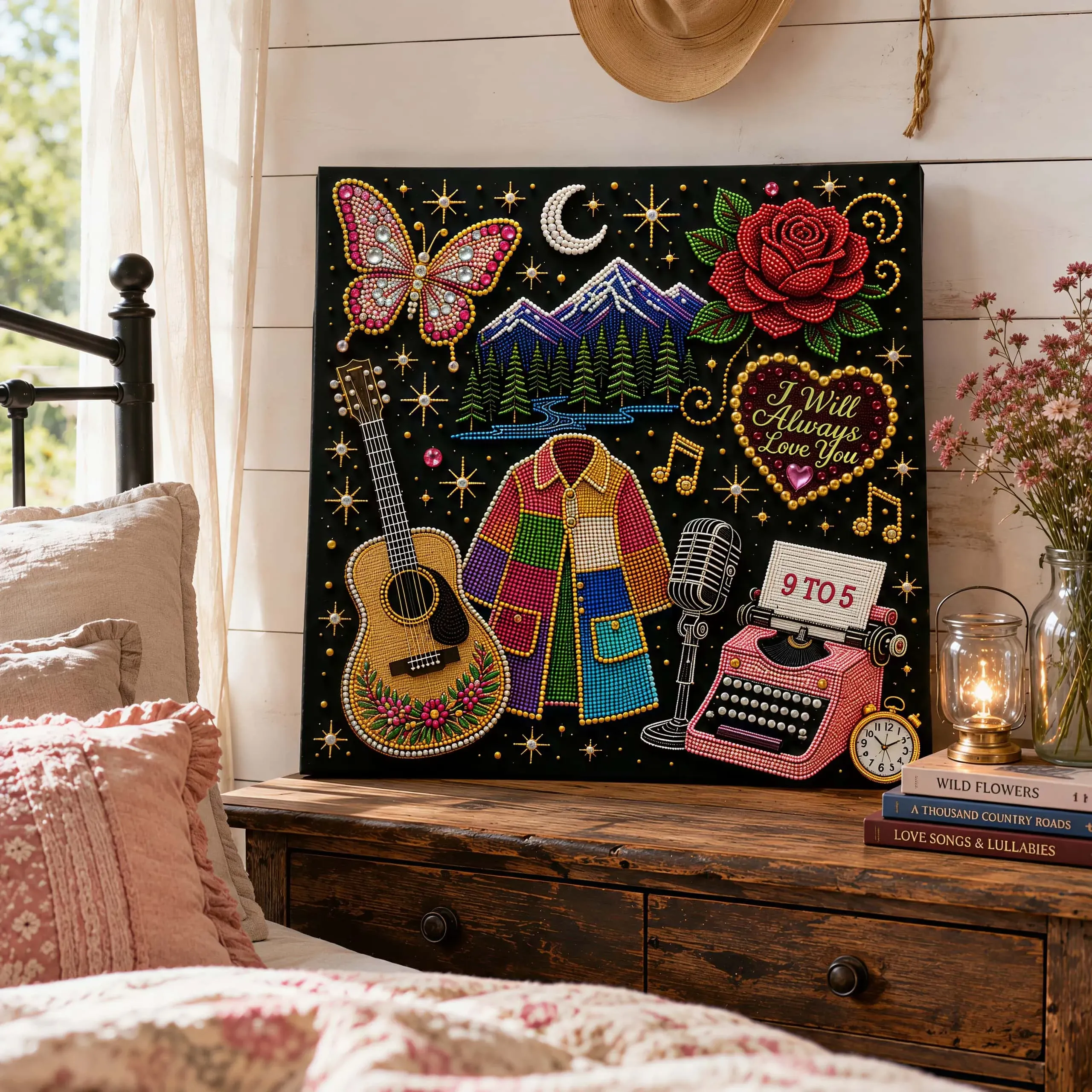 Woman holding a completed country music inspired bead art piece