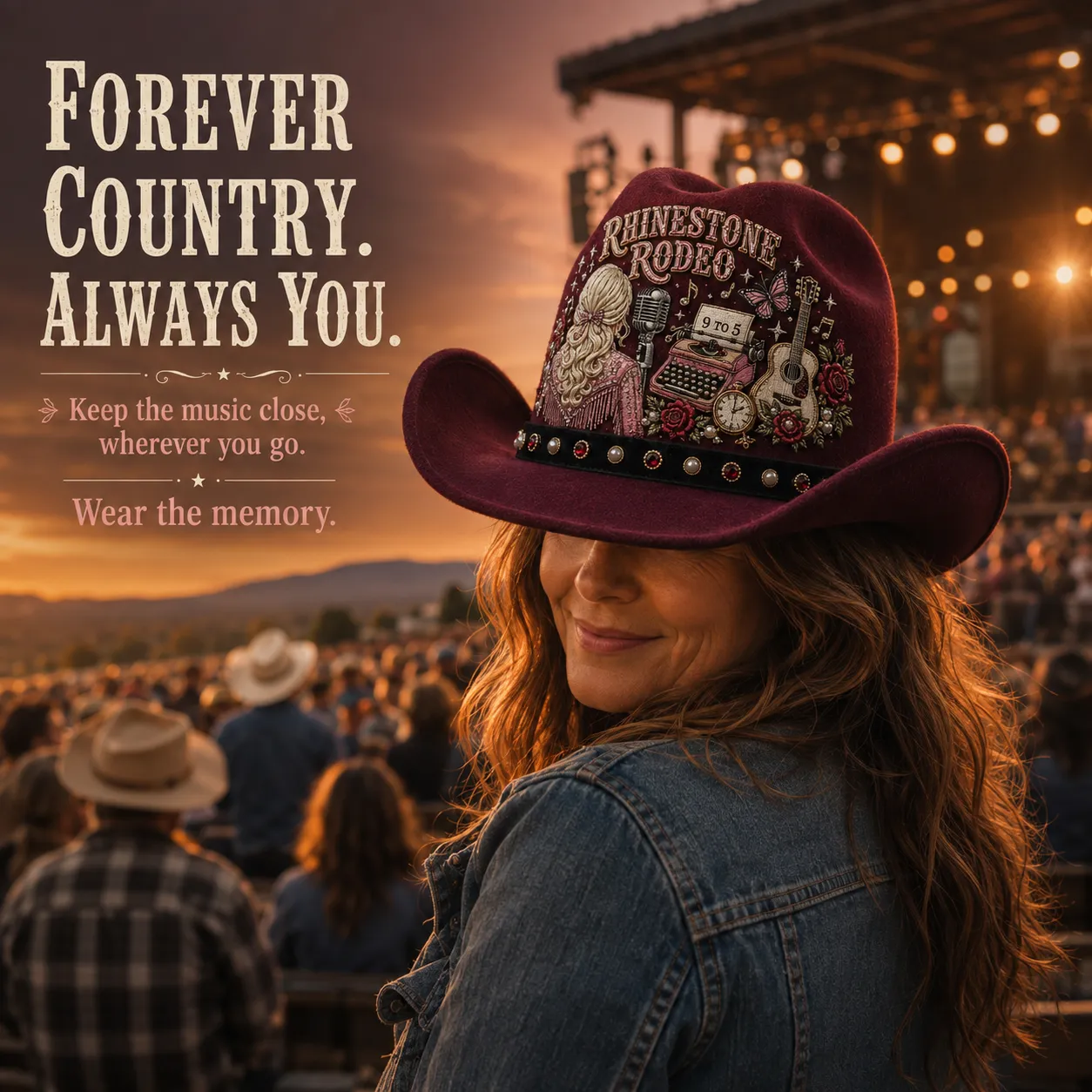 Country fan wearing a rhinestone rodeo cowboy hat at an outdoor concert