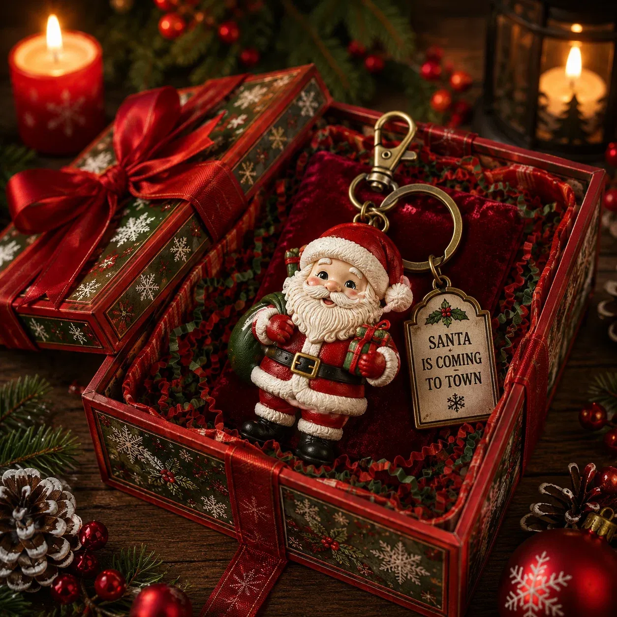 Christmas character keychain displayed in a festive gift box