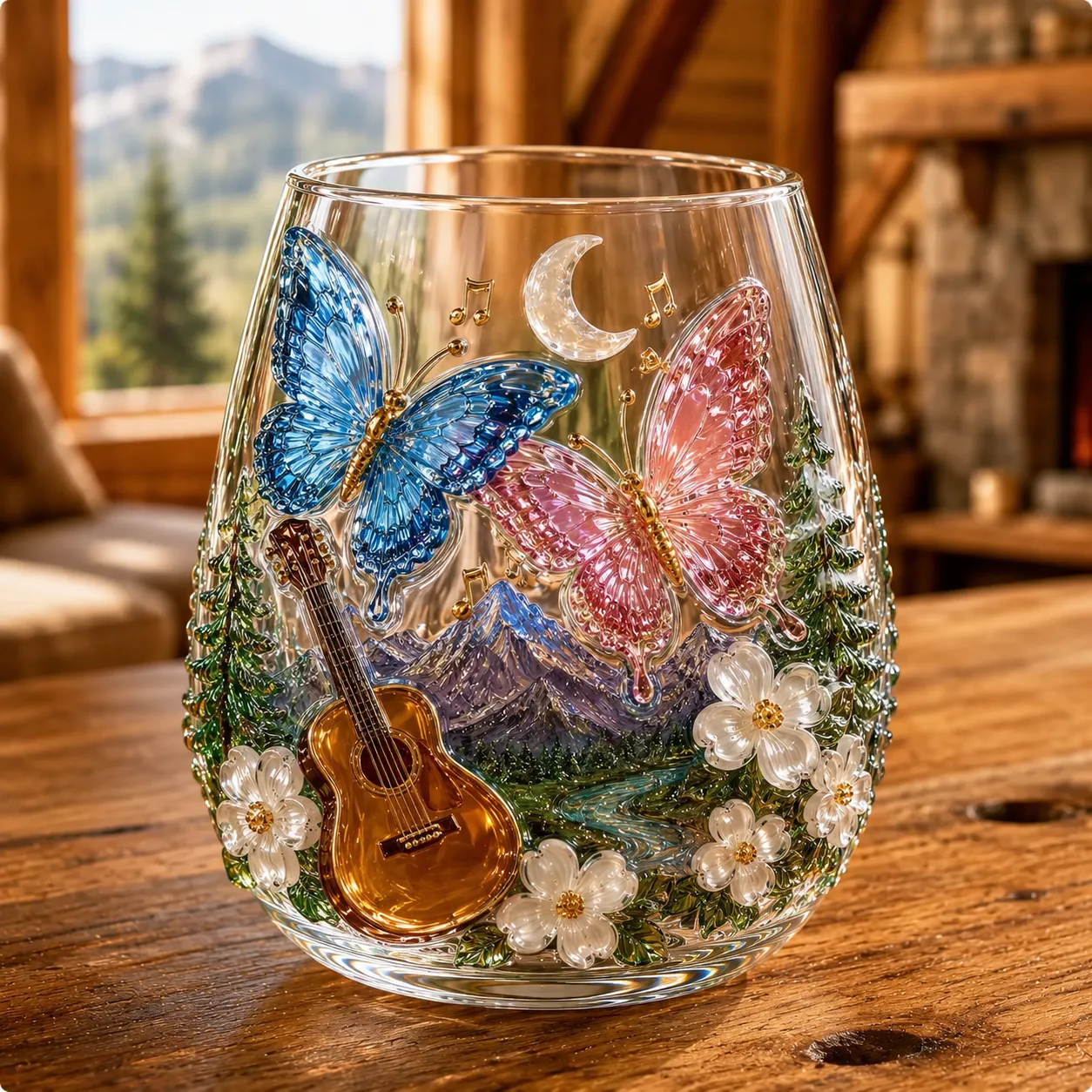 Mountain Butterfly country glass with guitar flowers butterflies and mountain scenery