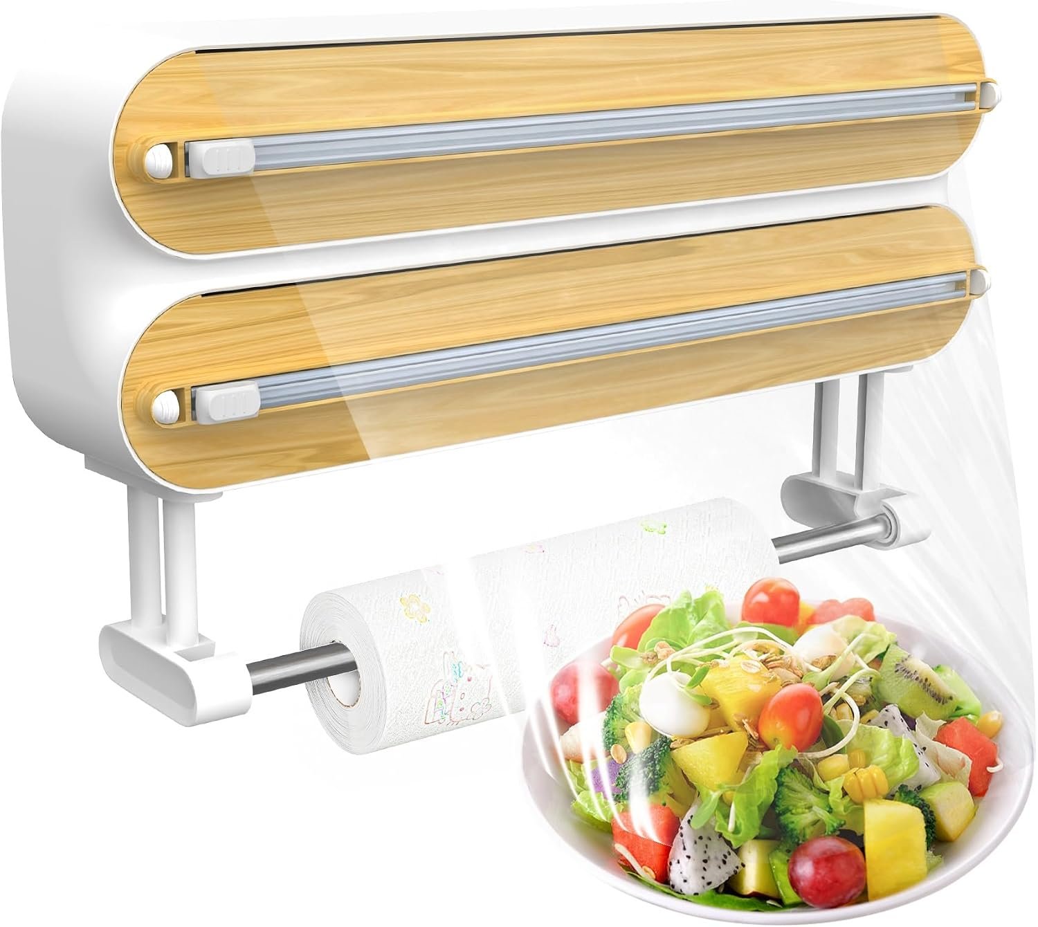 White and bamboo-look three-in-one kitchen wrap station with prepared food