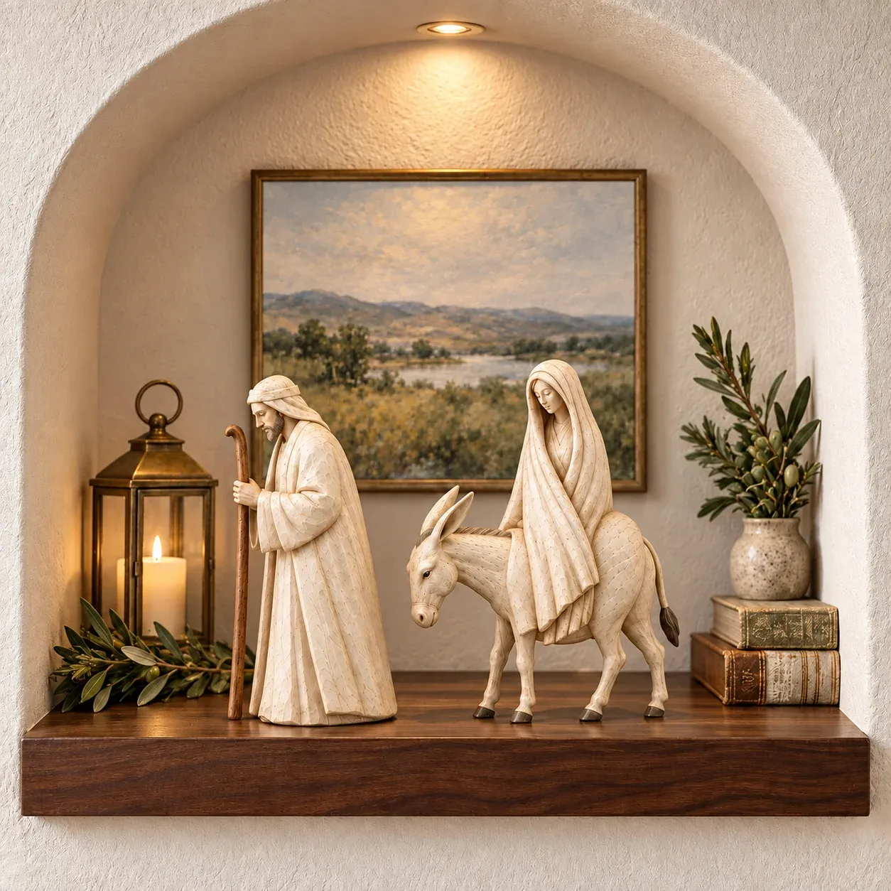 Journey to Bethlehem figurines arranged in a softly lit wall niche