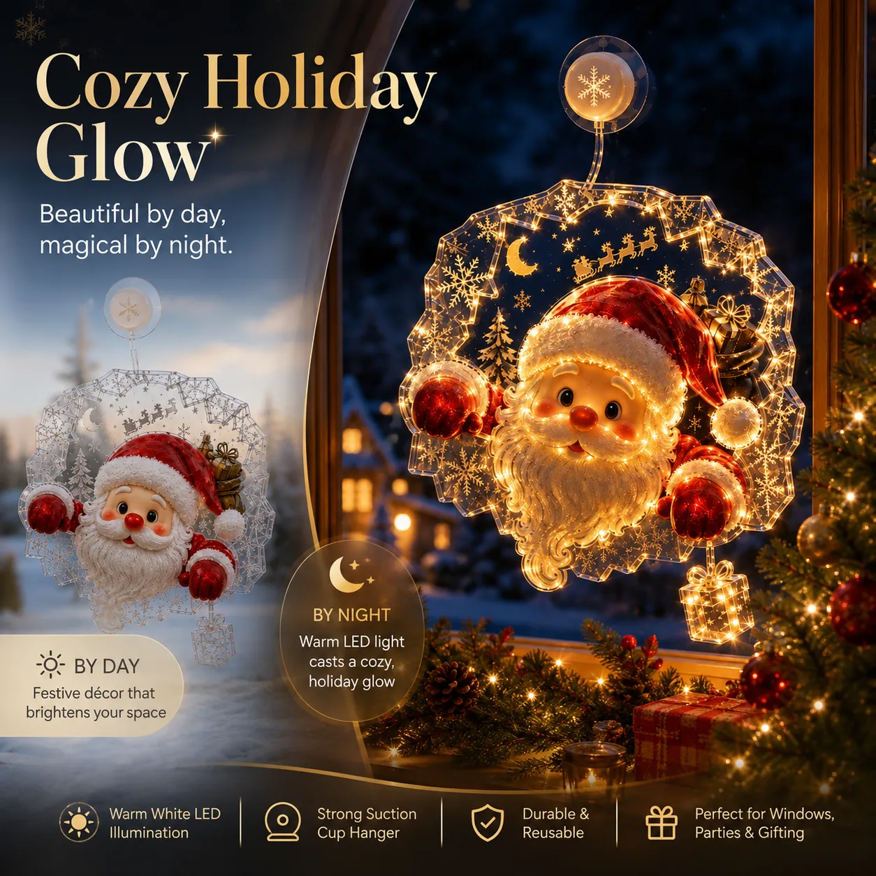 Christmas window light shown during the day and glowing at night