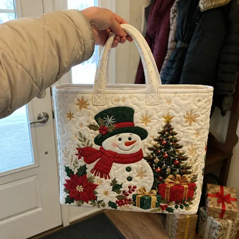 Snowman Christmas tote being carried near a front door before a family gathering