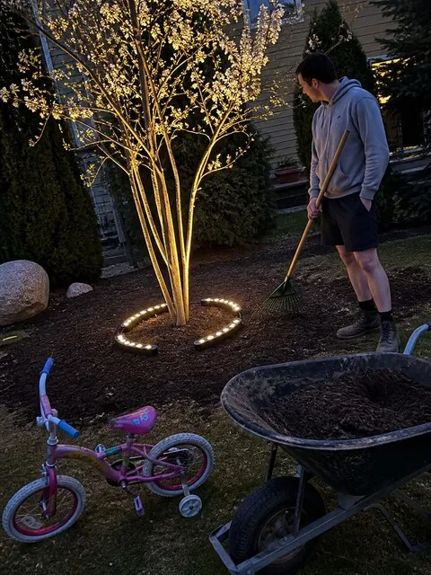 Weekend backyard makeover with warm tree-ring lighting