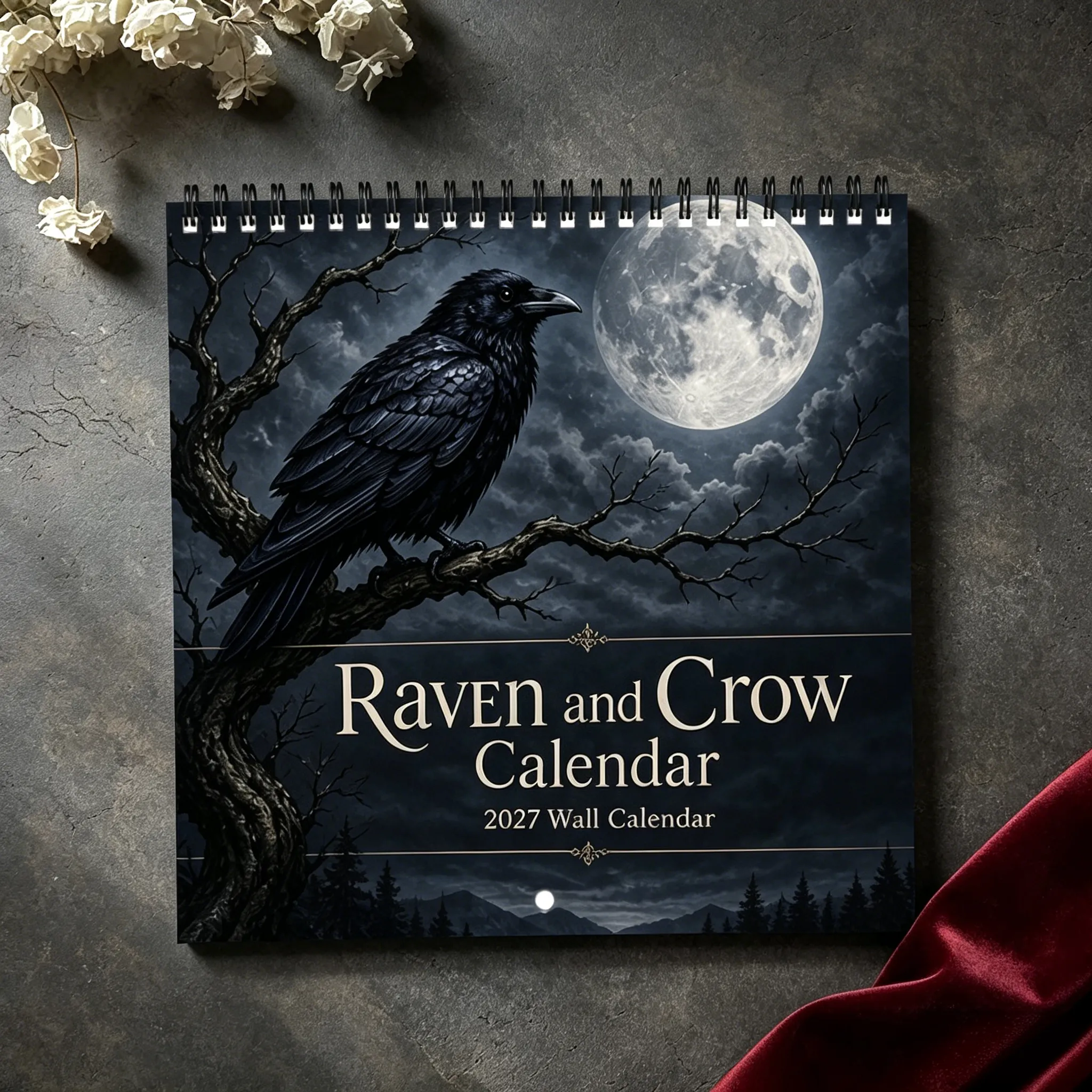 Raven and Crow 2027 calendar cover with moonlit bird artwork