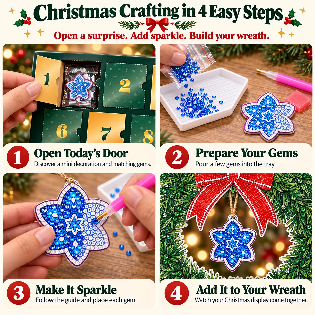 Four illustrated steps showing how to open a door, prepare gems, create diamond art and add the finished piece to the wreath