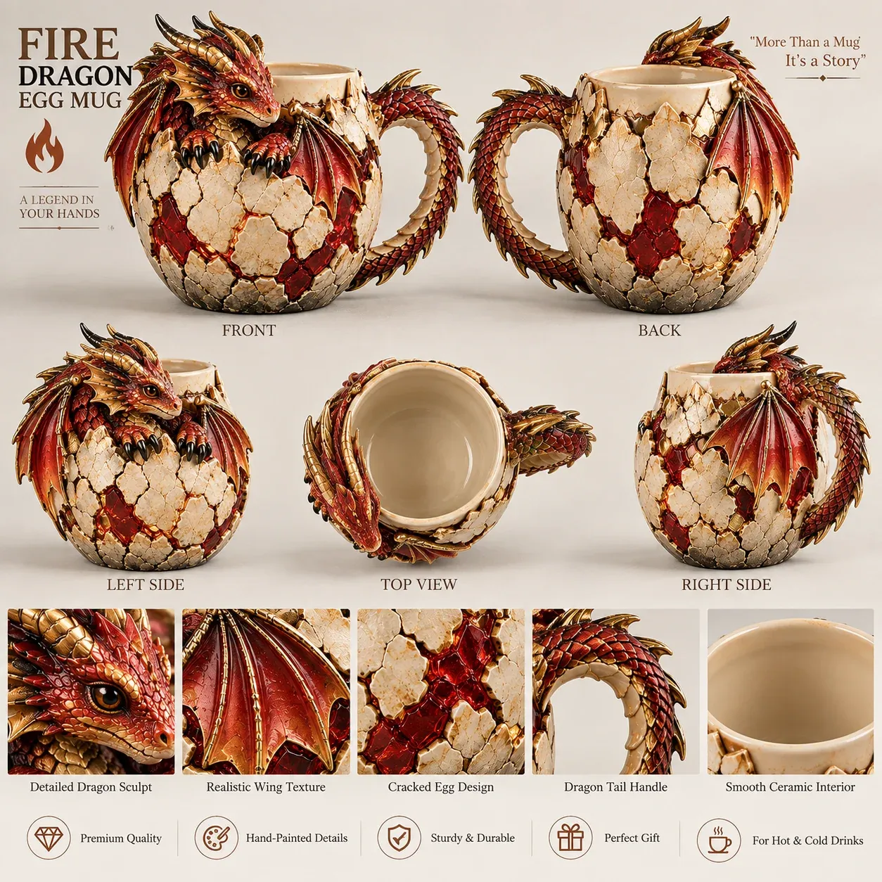 Close-up sculpted dragon mug details