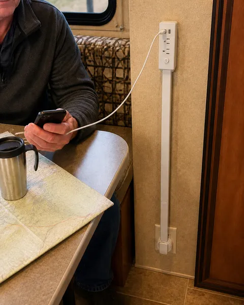 RV dinette with wall-mounted outlet extender