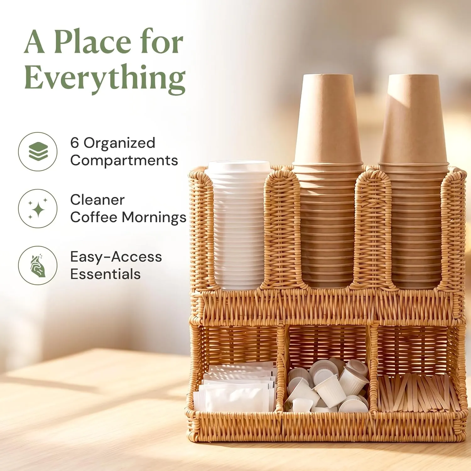 Six organized compartments for coffee station essentials