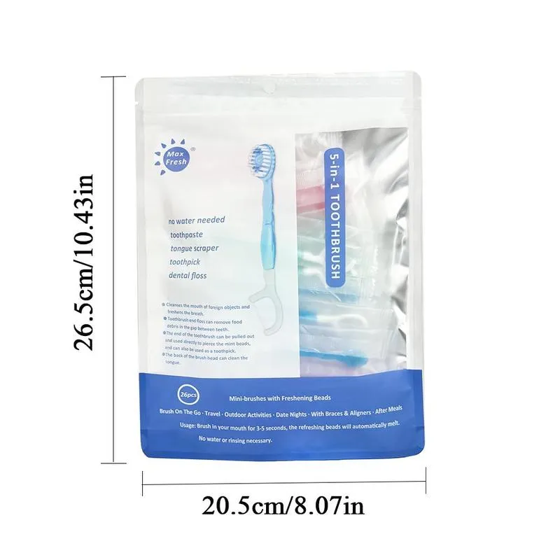 Product Introduction of 5 in 1 Mini Toothbrush & Floss & Tongue Scraper & Toothpick Set, 26pcs/pack Soft Bristles Toothbrush Set, Oral Care Tool for Travel, Business Trip, Mouth Hygiene Kit 6