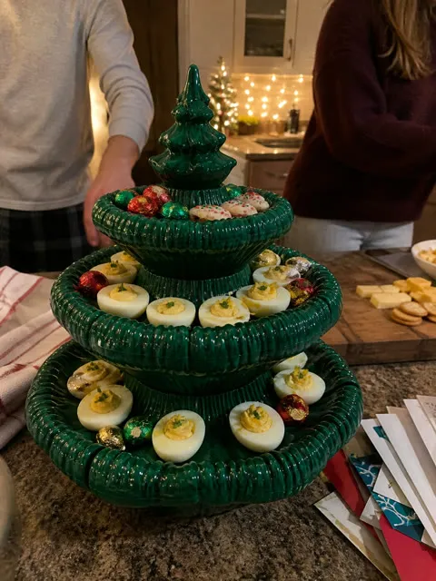 Christmas Eve snack setup on a small apartment kitchen island
