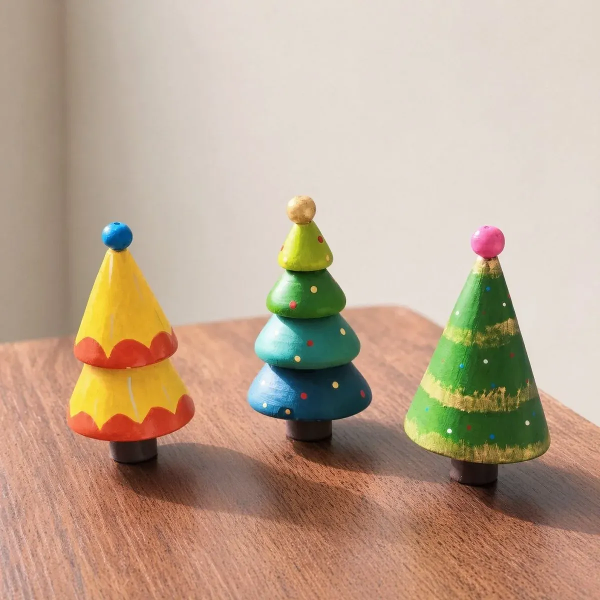 Customer photo of painted mini wooden trees on a wood table