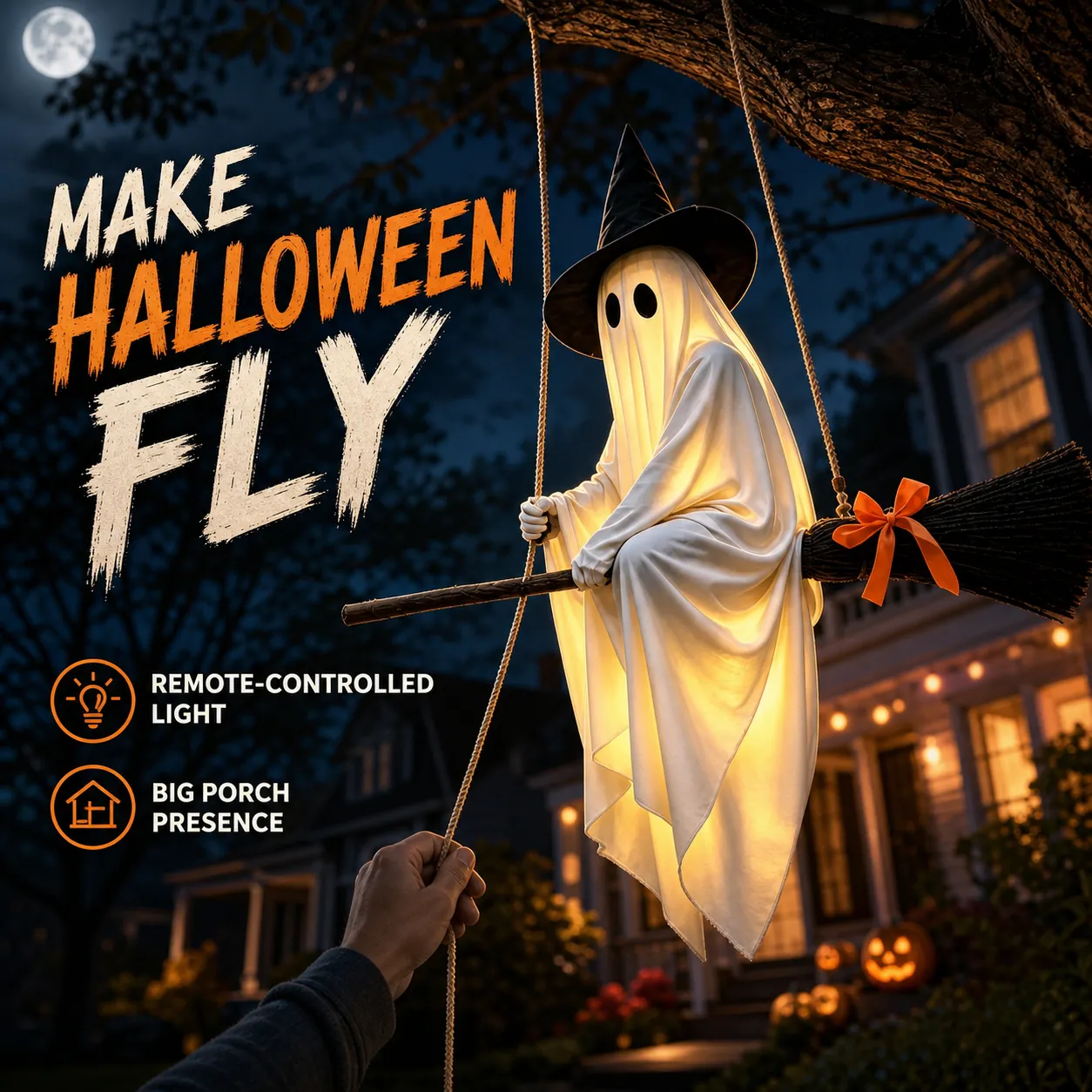 Light-up flying broom ghost suspended from a tree for a Halloween porch display