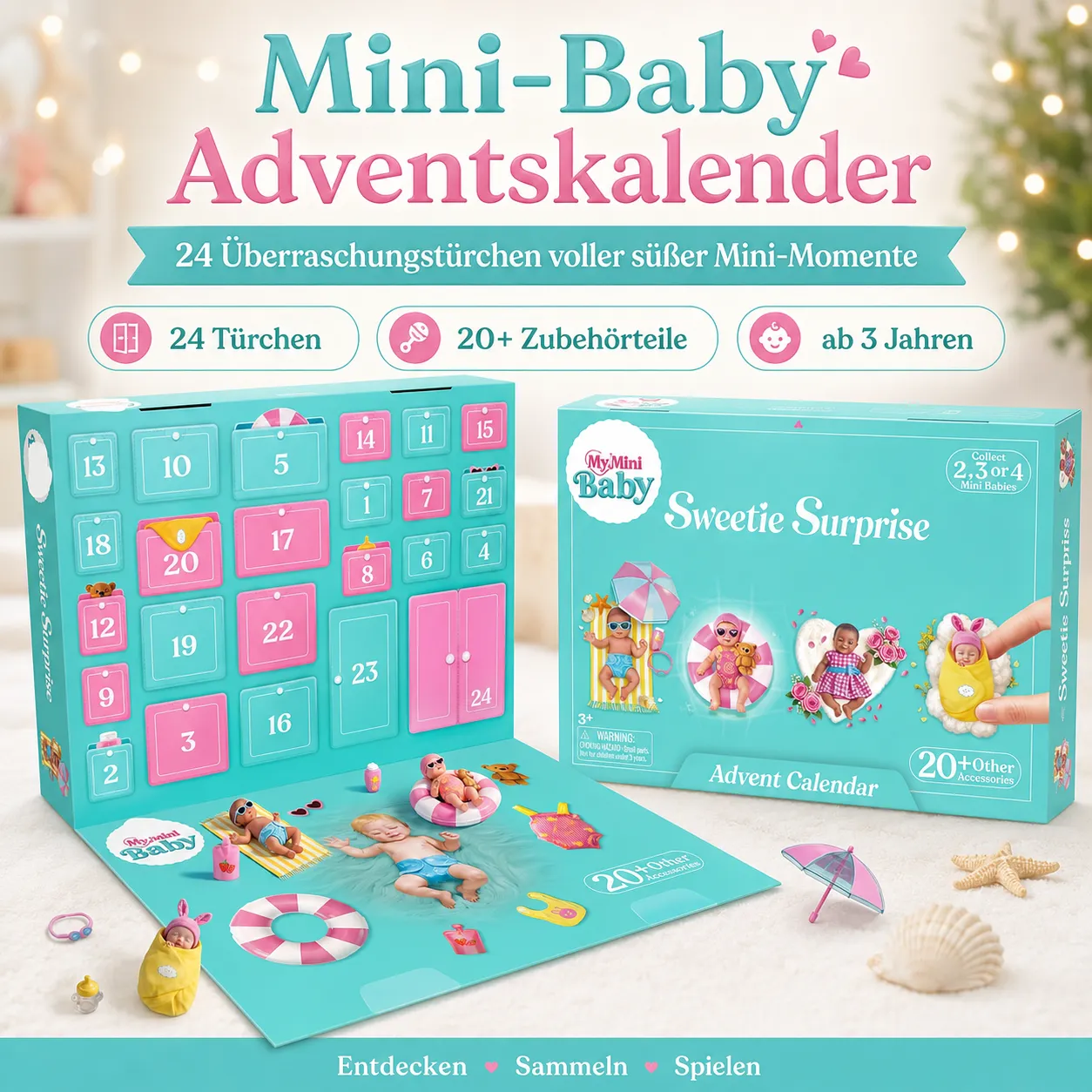 Turquoise Mini-Baby Advent Calendar with pink numbered doors and miniature toys