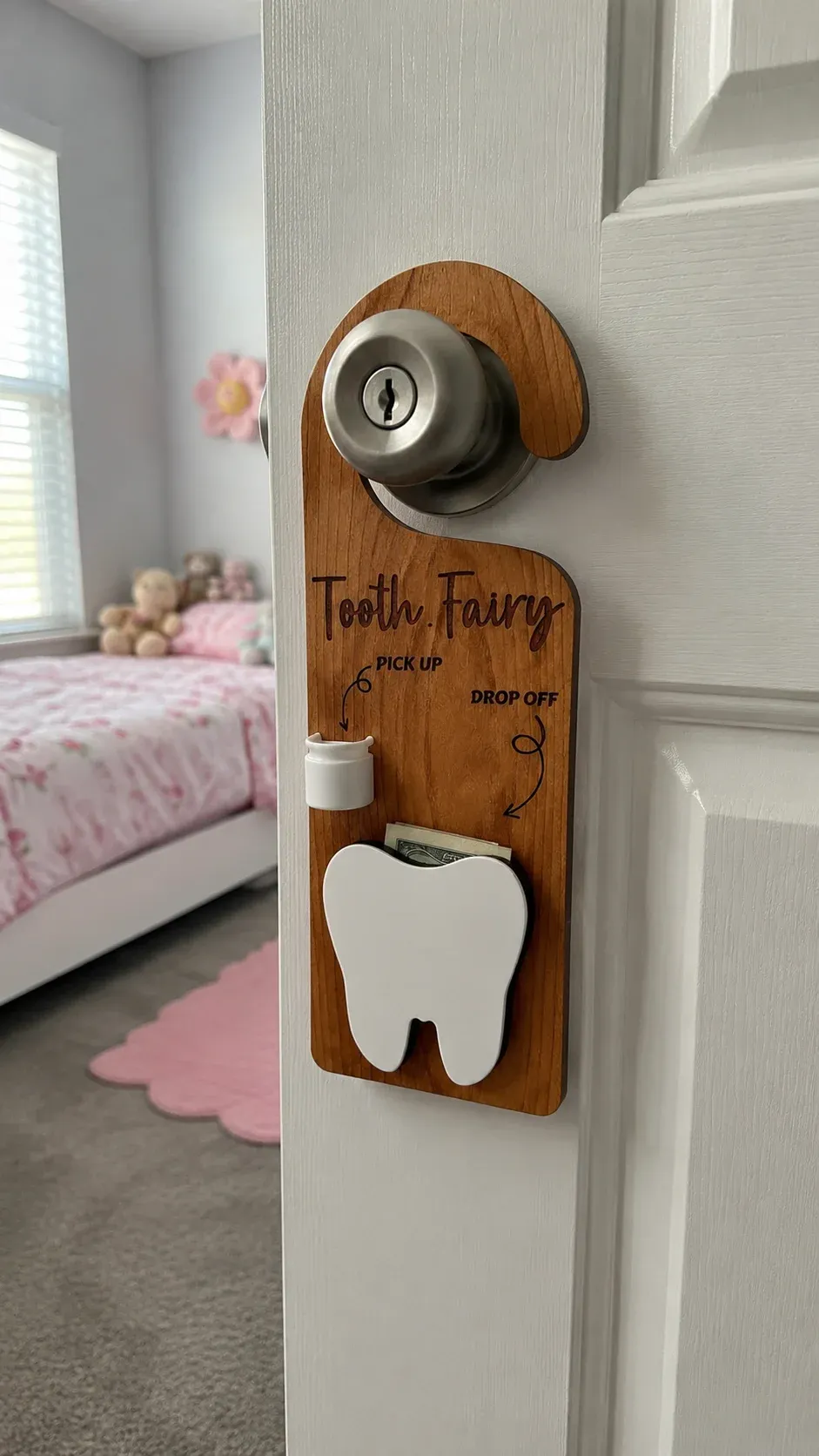 Customer photo of the Tooth Fairy door hanger on a white bedroom door with a round doorknob