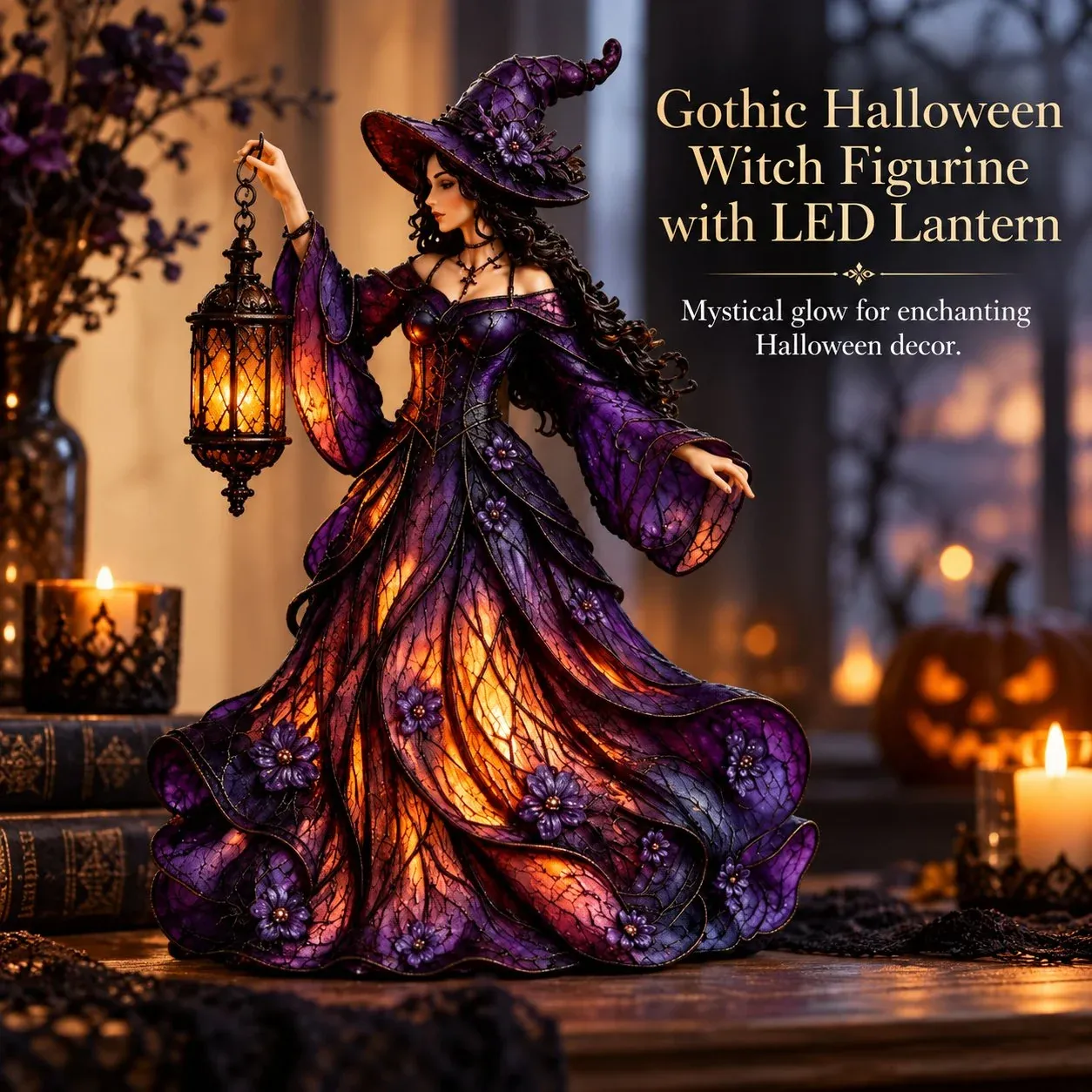 Gothic Halloween witch figurine holding a glowing LED lantern