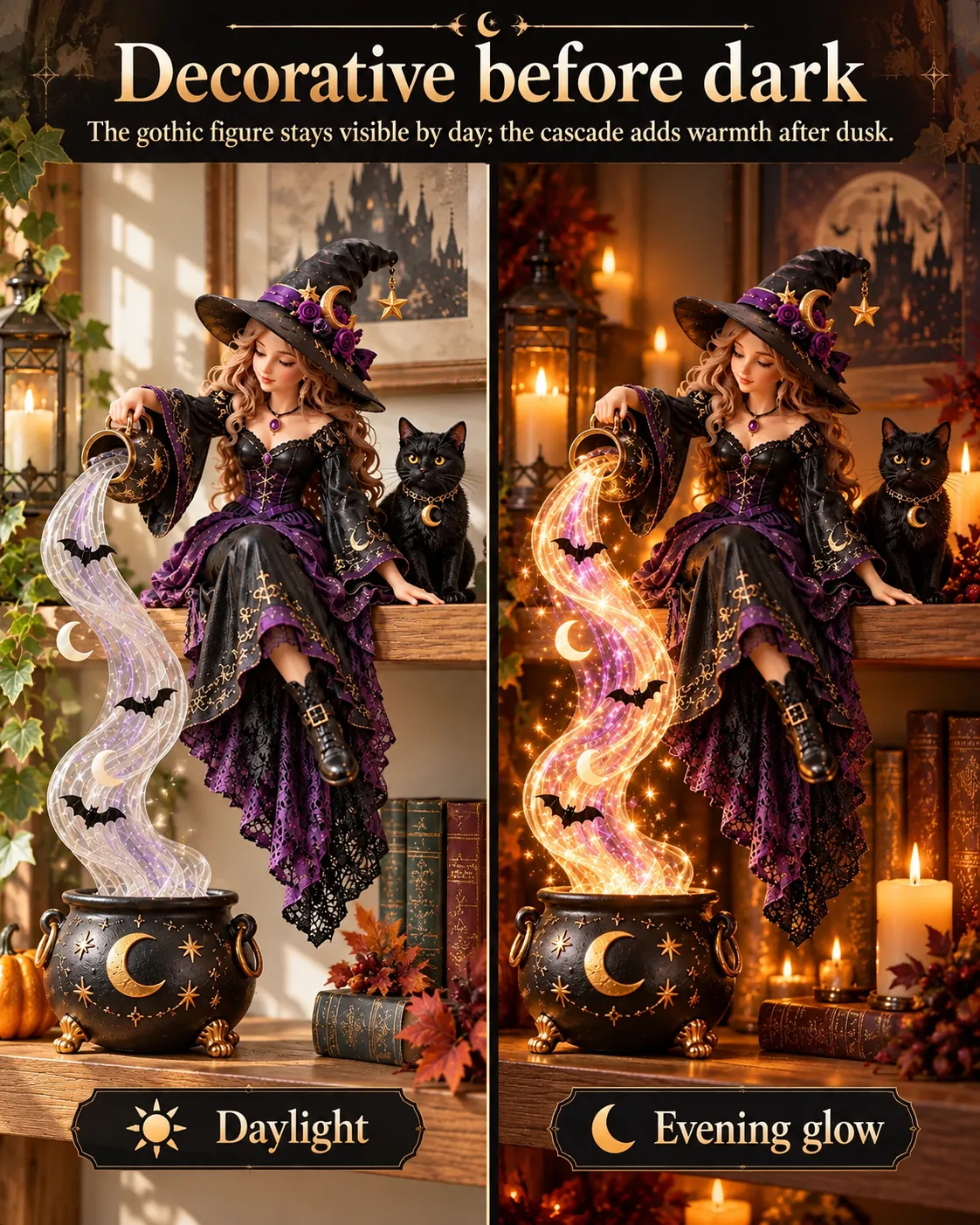 Witch design shown in daylight and with an evening glow