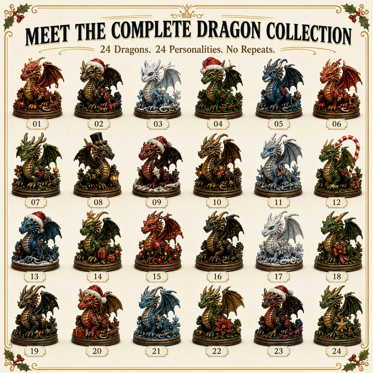 Complete lineup of 24 different collectible dragons