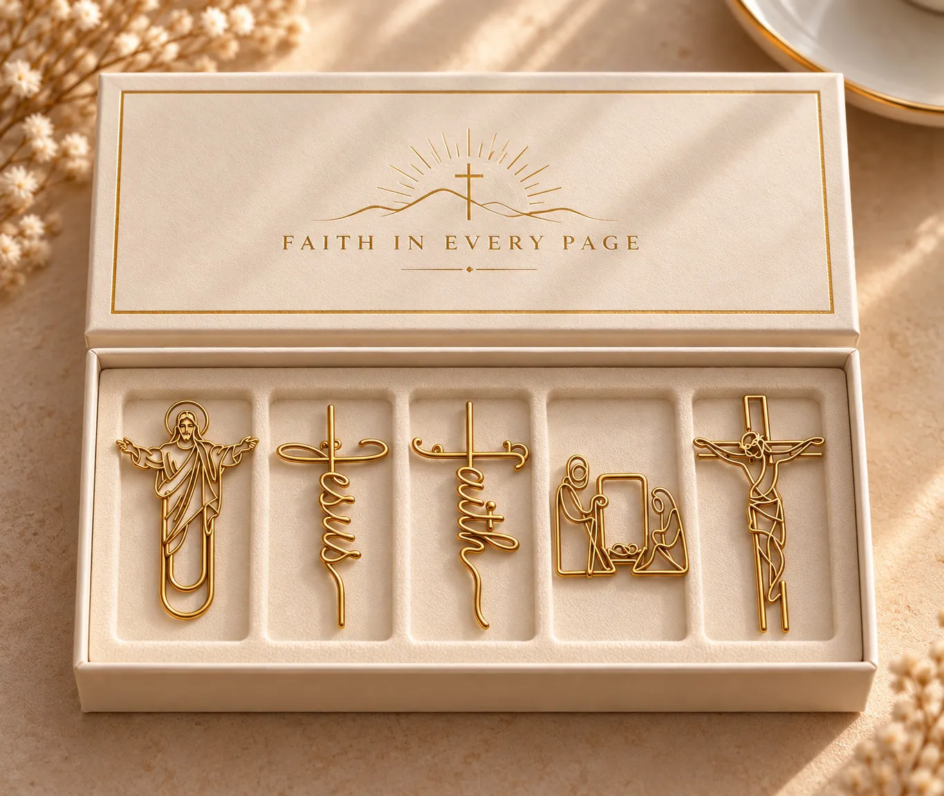 Nativity gold paper clip displayed as a meaningful Christian gift