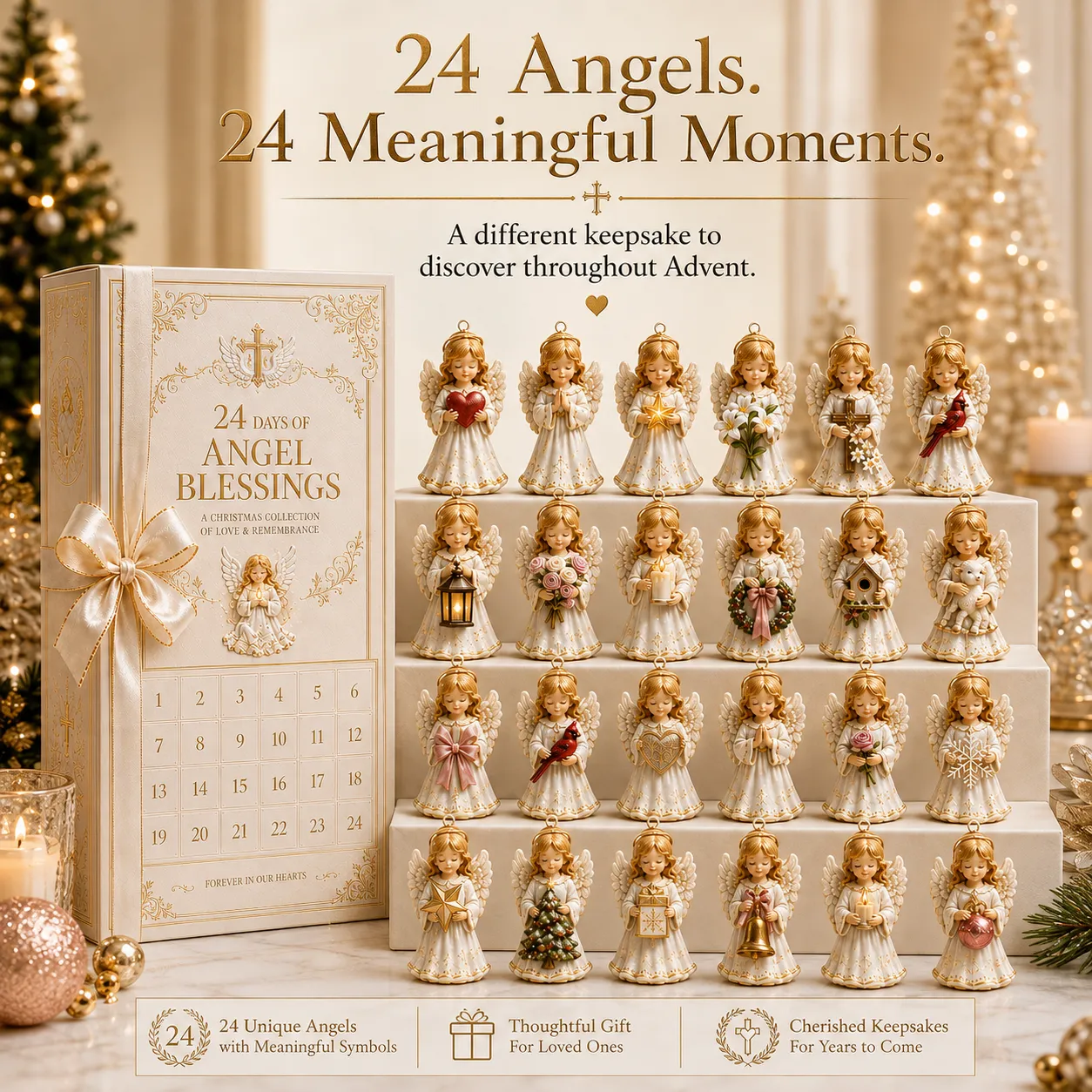 Complete display of the angel Advent calendar and 24 distinct angel ornaments