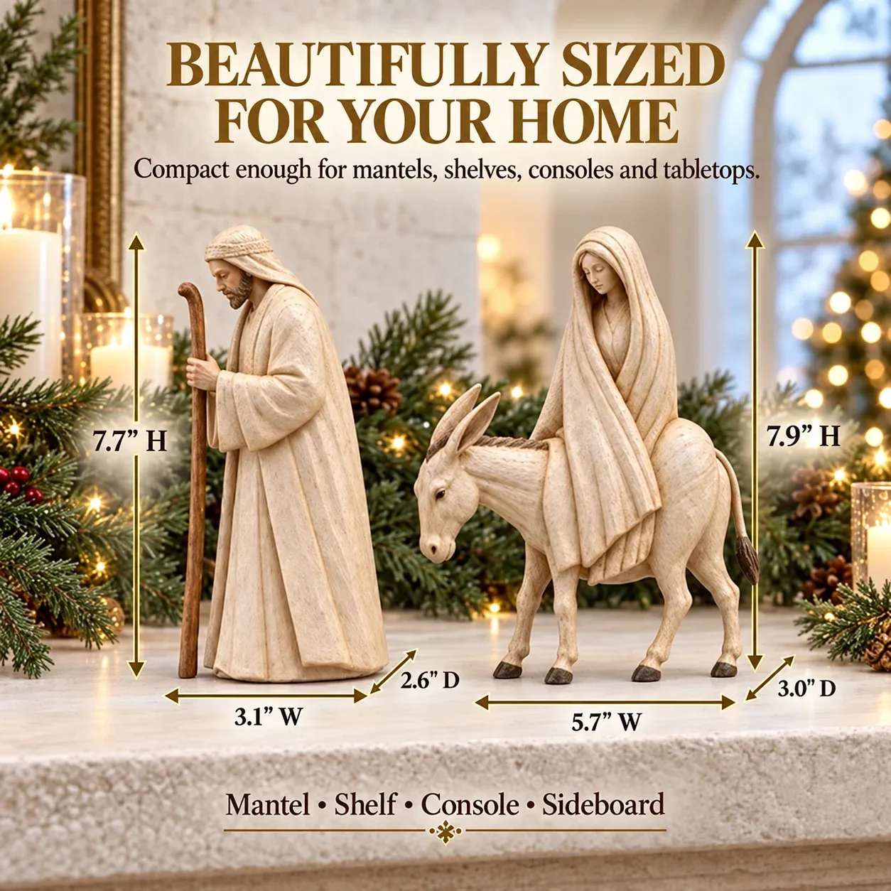 Journey to Bethlehem figurine dimensions for Joseph and Mary with donkey