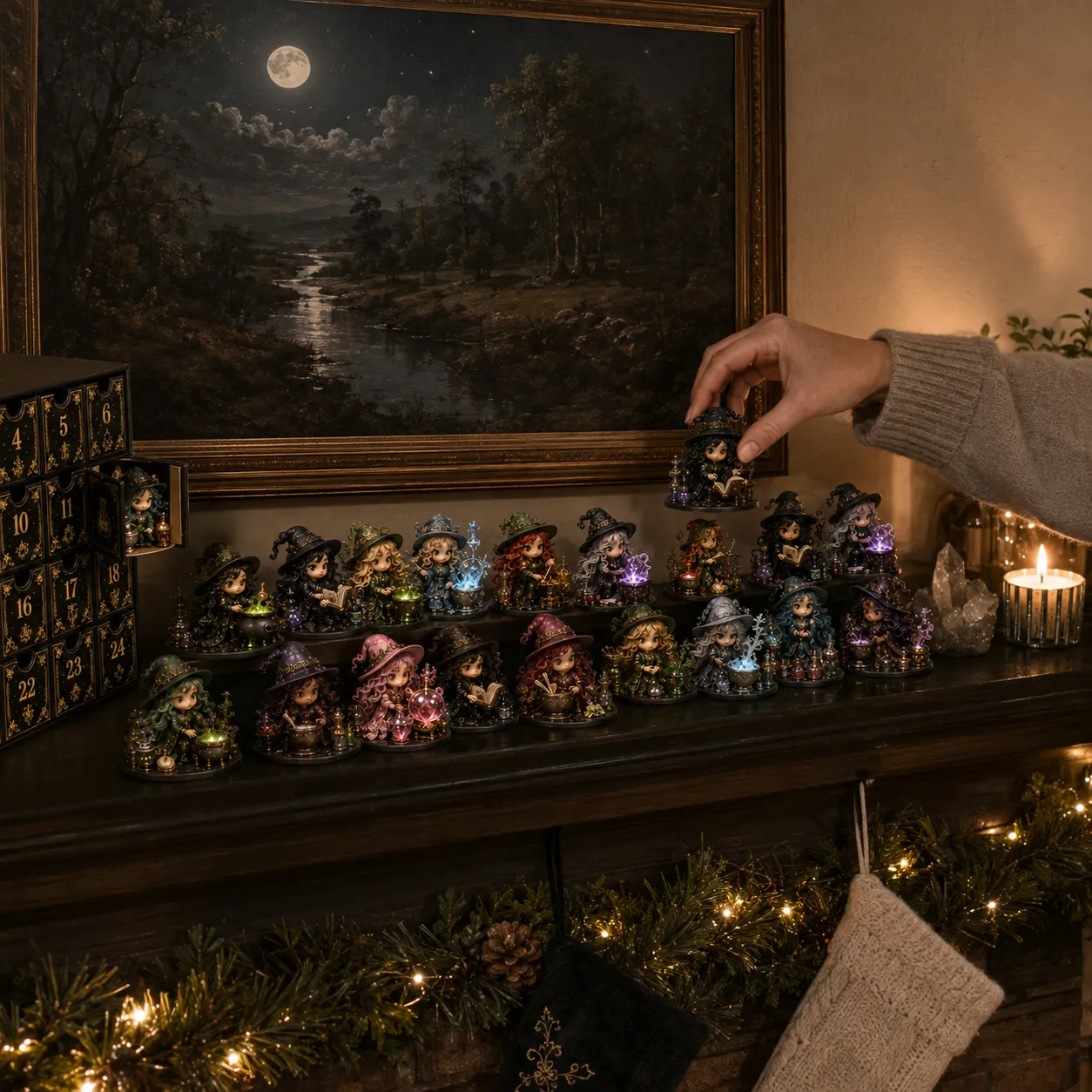 Hand placing a collectible witch on a holiday mantel display