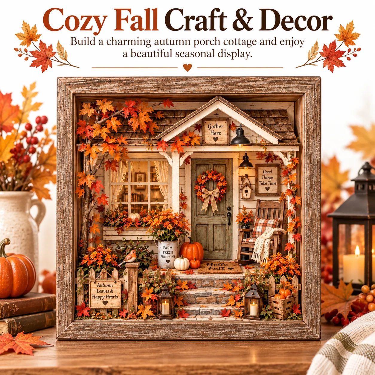 Cozy autumn cottage porch miniature display