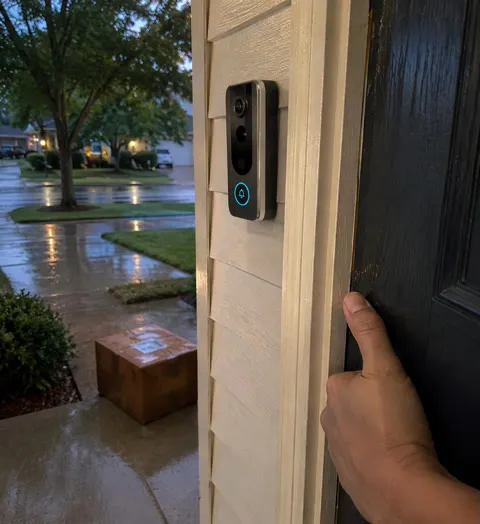 Doorbell camera beside a doorway on a rainy evening