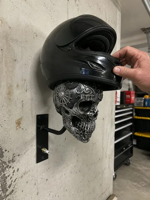 Steel silver skull mount in a garage