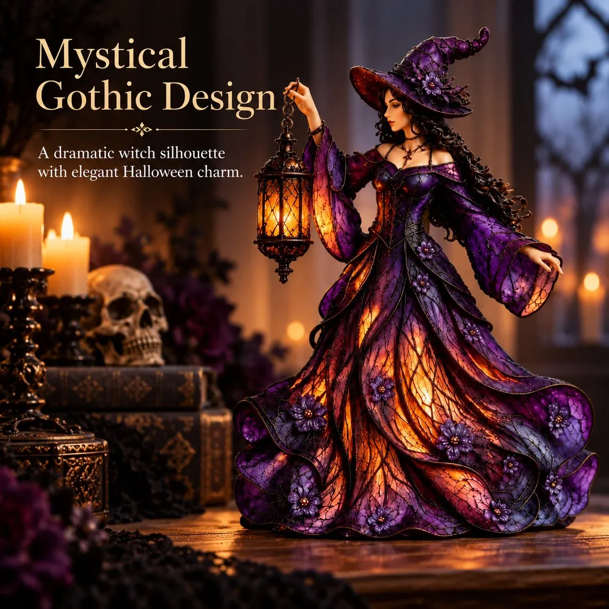 Mystical gothic witch figurine displayed in warm evening light