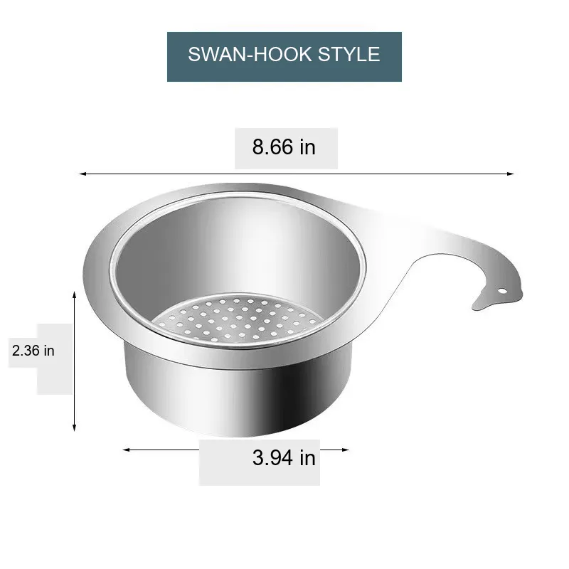 Swan-hook sink strainer dimensions: 8.66 inch overall length, 2.36 inch height, and 3.94 inch base diameter