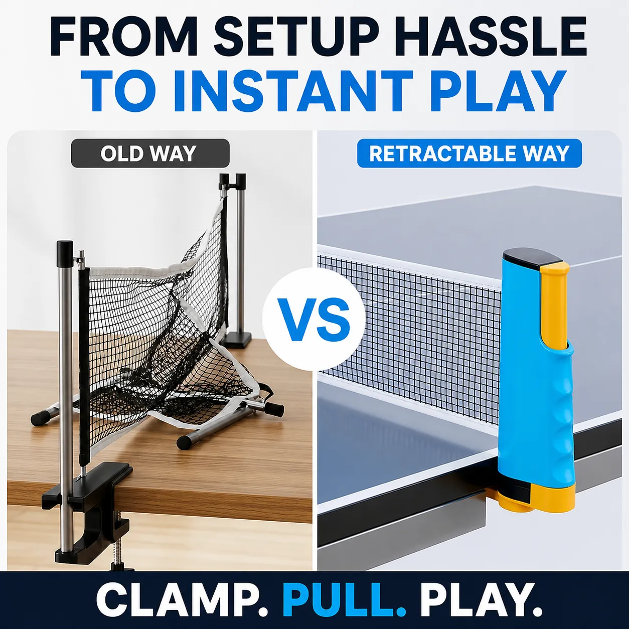 Comparison between a complicated net setup and the compact retractable design
