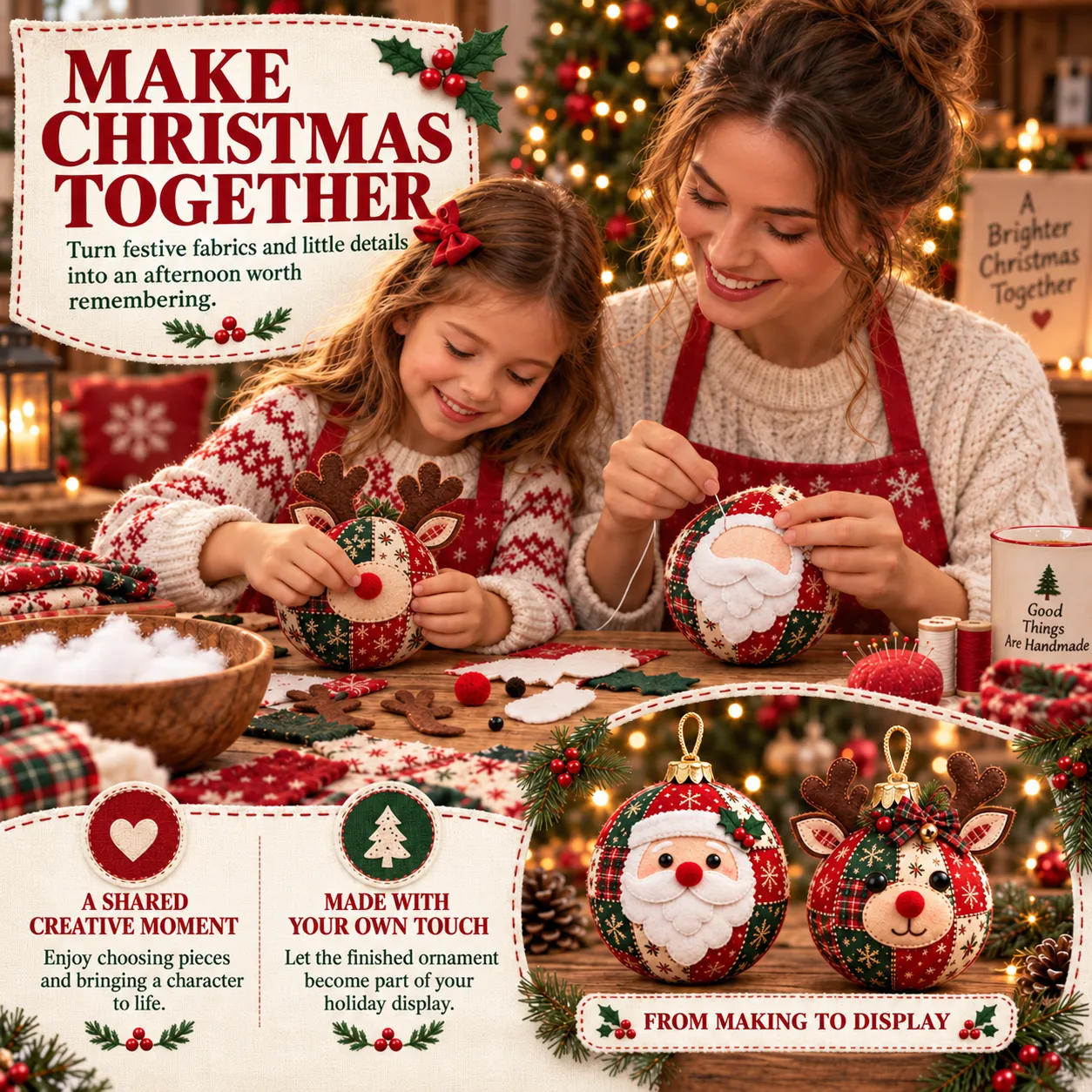 Adult and child sharing a Christmas craft session while making patchwork ornaments