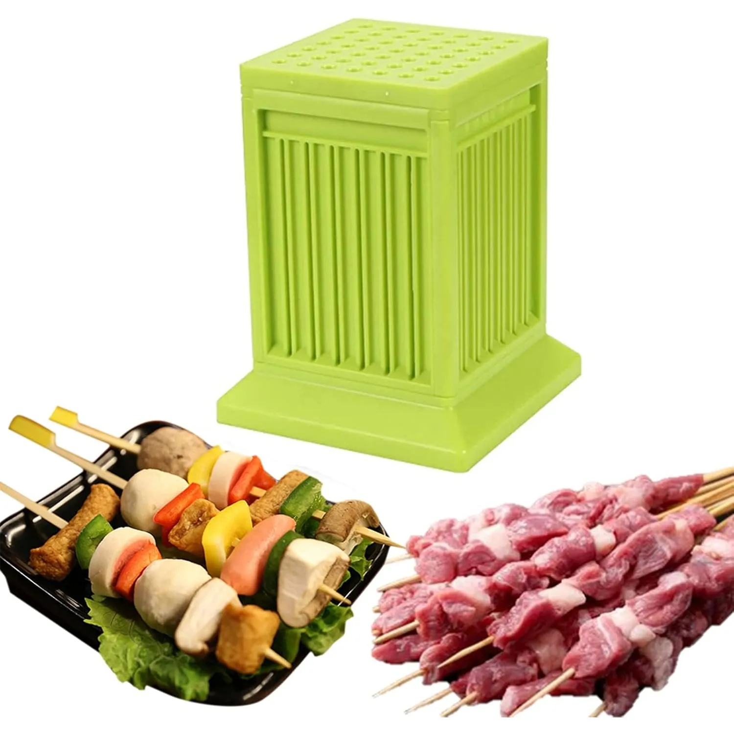 Green kebab maker with finished meat and vegetable skewers