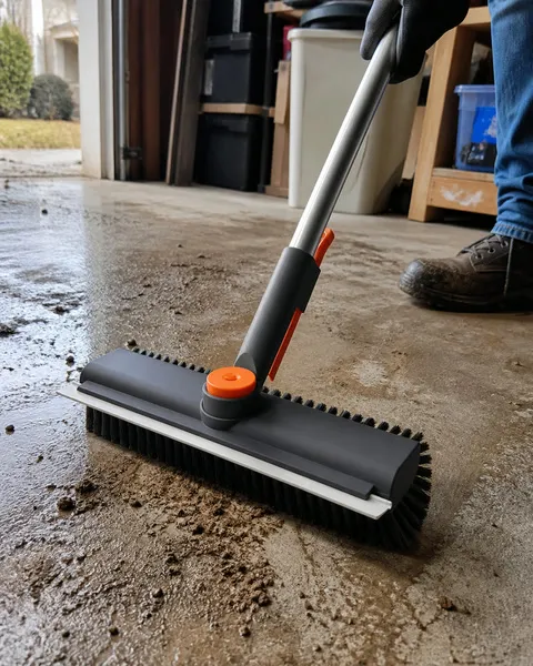 Floor brush scrubbing muddy concrete in a garage