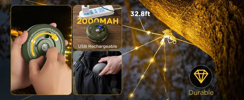 Product Introduction of OGERY Camping String Lights, 4 in 1 Quick Storage 32.8FT Rechargeable Retractable String Lights with 8 Lighting Modes, Waterproof Emergency Light Outdoor Led Bulbs Lamp 4