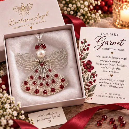 January Garnet birthstone angel ornament in its presentation box beside a coordinating card
