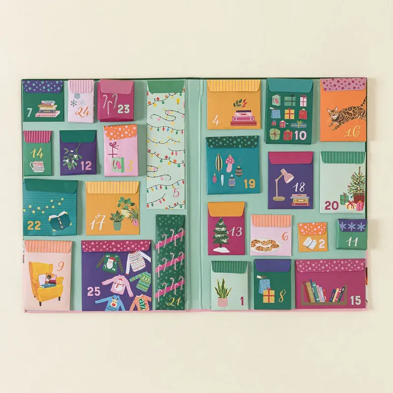 Open advent calendar showing 25 colorful numbered pockets