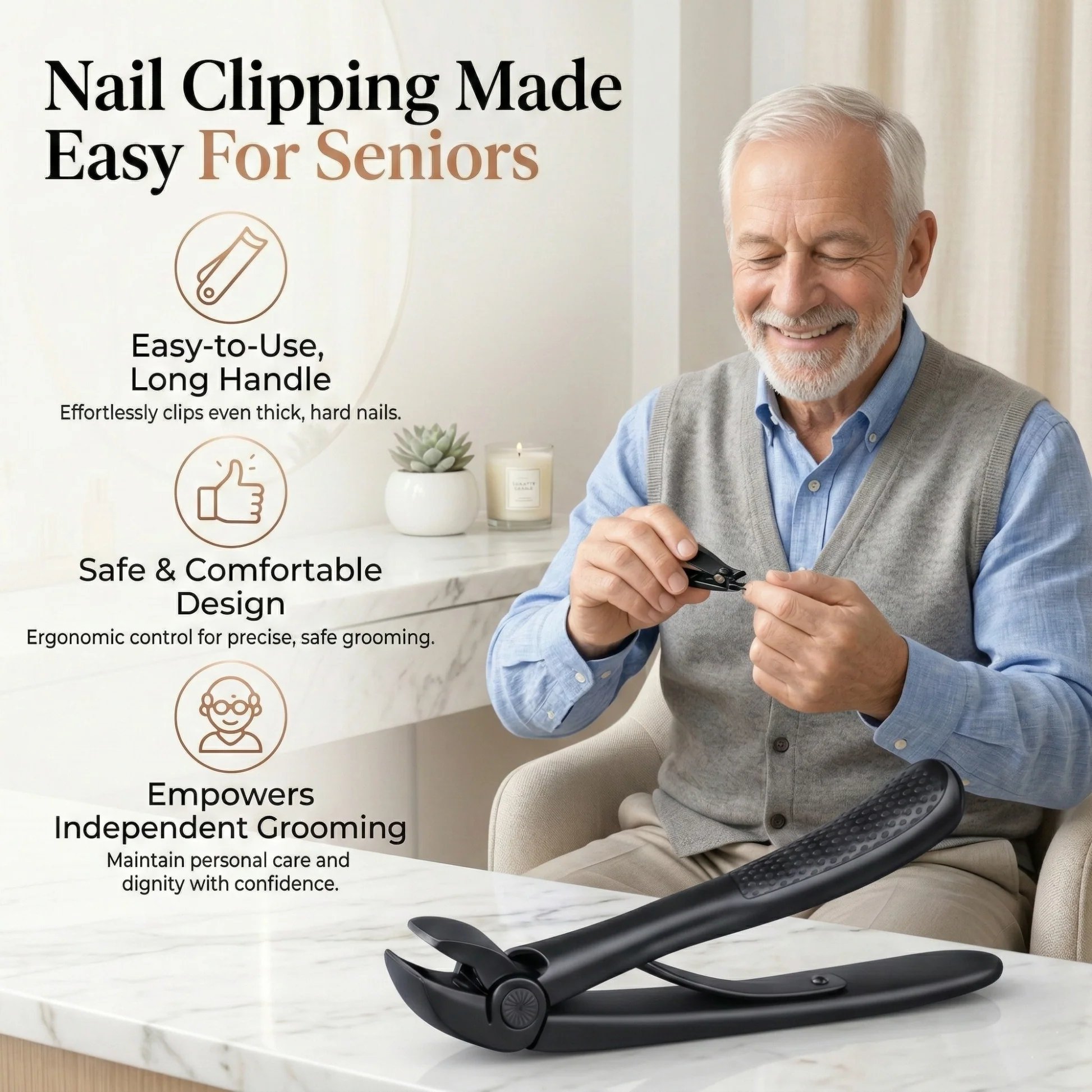 TruviClip Nail Clipper for Seniors, Wide Jaw Long Handle Clipper for Thick Nails