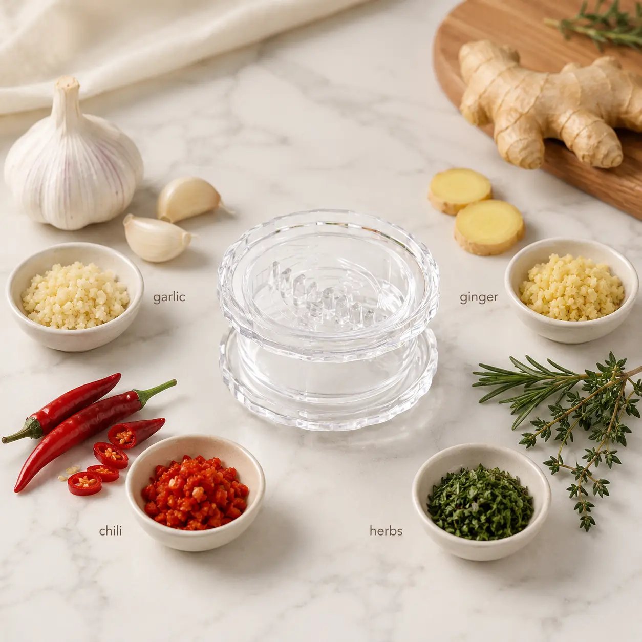 Multi-purpose mincing for garlic, ginger, chili, and herbs Multi-purpose mincing for garlic, ginger, chili, and herbs