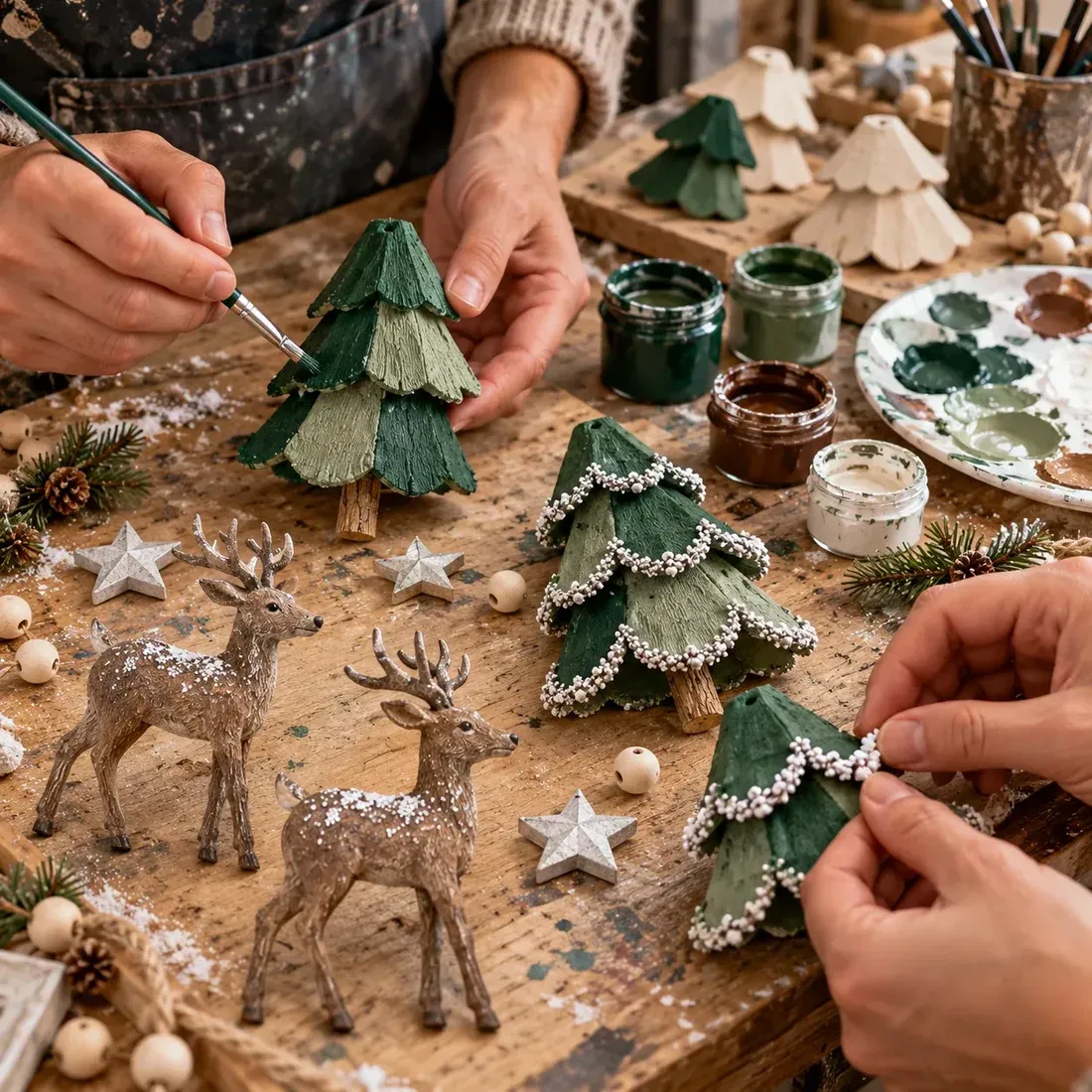Hands painting the layered green trees and applying decorative trim at a craft table
